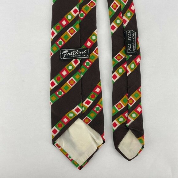 Gallieni Necktie Men's Brown Red Green Yellow Geometric Silk Short Narrow Skinny - Picture 4 of 6